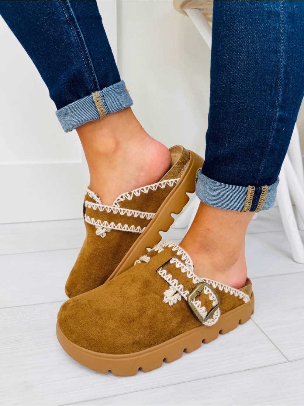 Very G Tan Faux Suede Slip-On Clog with Buckle Detail